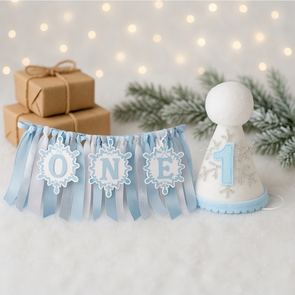 ❄️ Winter ONEderland 1st Birthday Set — High Chair Banner + Party Hat ❄️